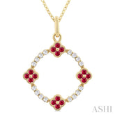 1.25 MM Clover Circle Ruby and 1/8 ctw Round Cut Diamond Precious Pendant With Chain in 10K Yellow Gold